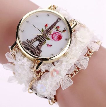 Reloj pulsera blanco torre eiffel extensible tela con flores R2527